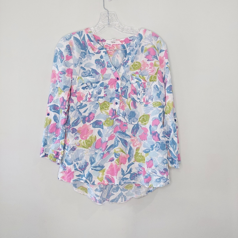 Ecco Bay blouse Medium pink blue white floral long sleeve roll tab linen